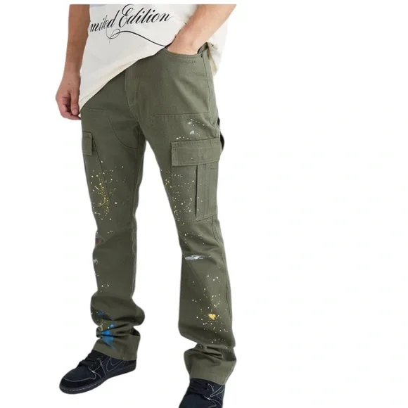 Boohoo Man Plus Slim Flare Gusset Paint Splatter Green Cargo Trouser Pants Sz 46 - Picture 1 of 16